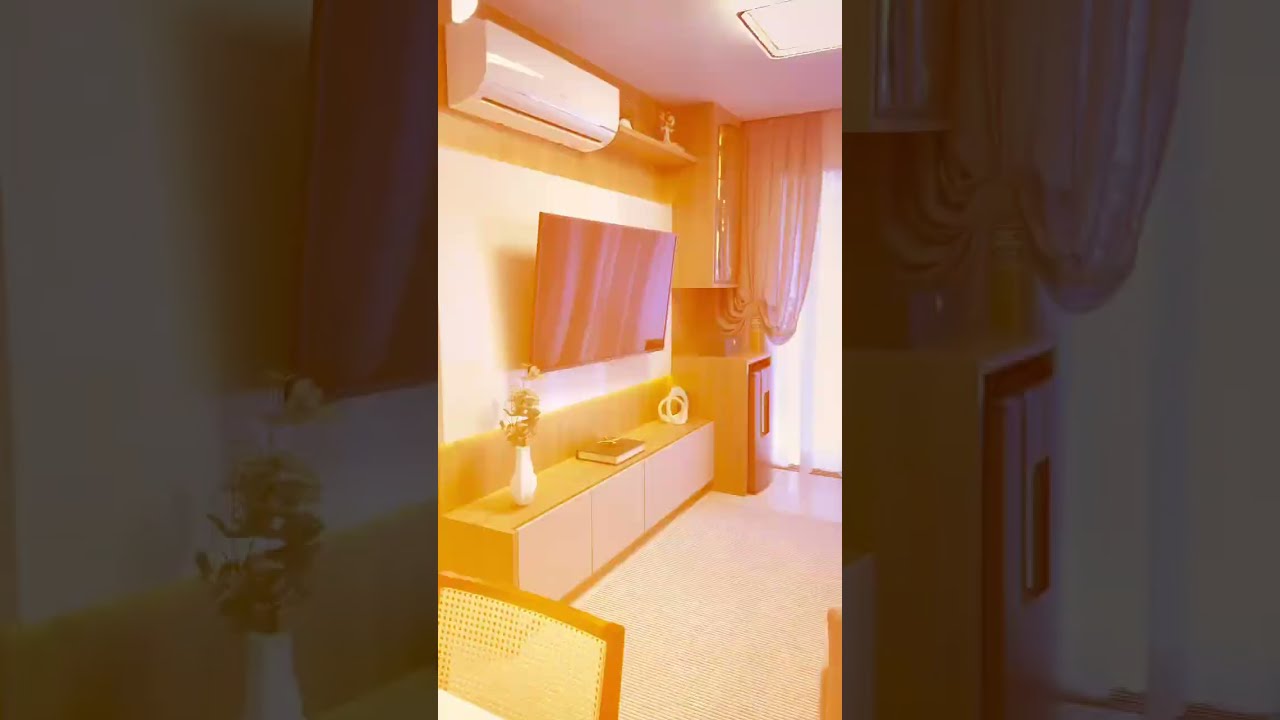 Sala de estar planejada com painel de TV e cristaleira